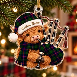 ScotsTee Shop Scottish Urquhart Modern Tartan Highland Cow Bagpiper Christmas Ornament