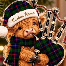 ScotsTee Shop Scottish Urquhart Modern Tartan Highland Cow Bagpiper Christmas Ornament