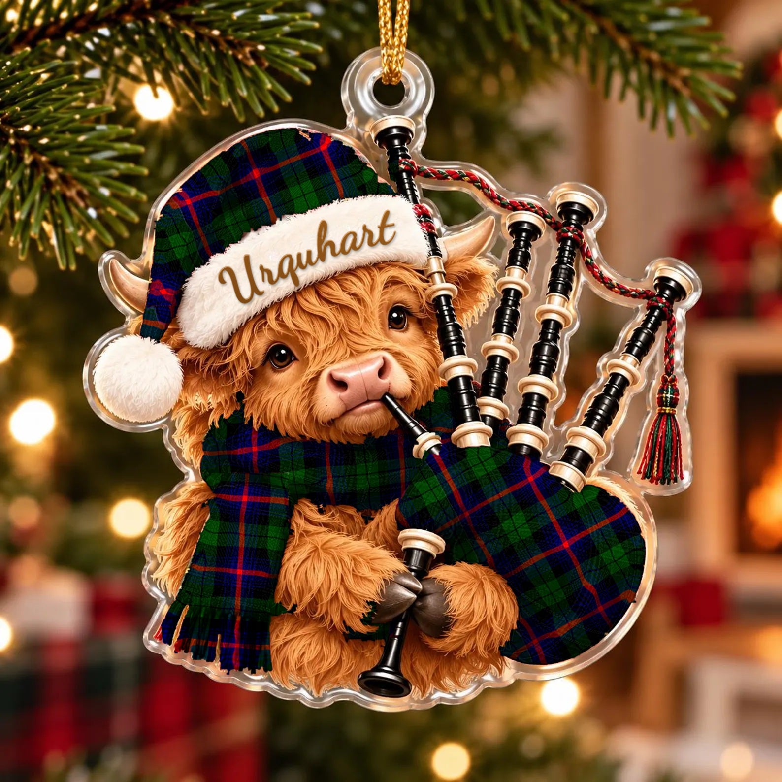 ScotsTee Shop Scottish Urquhart Modern Tartan Highland Cow Bagpiper Christmas Ornament
