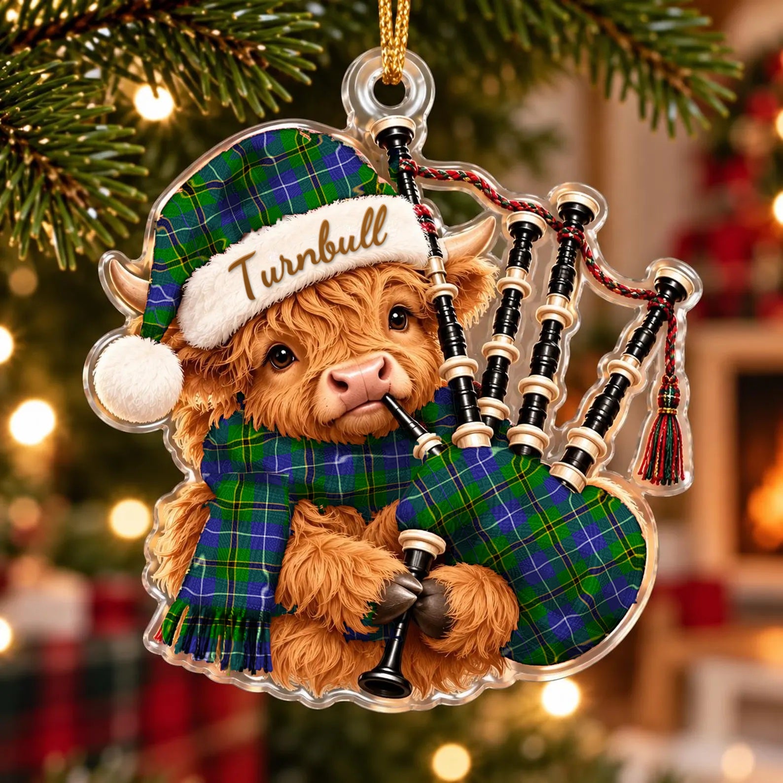 ScotsTee Shop Scottish Turnbull Hunting Tartan Highland Cow Bagpiper Christmas Ornament