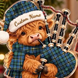 ScotsTee Shop Scottish Weir Ancient Tartan Highland Cow Bagpiper Christmas Ornament