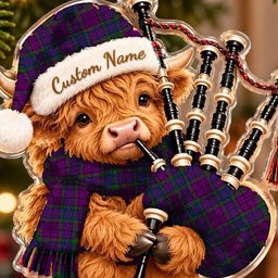 ScotsTee Shop Scottish Wardlaw Tartan Highland Cow Bagpiper Christmas Ornament