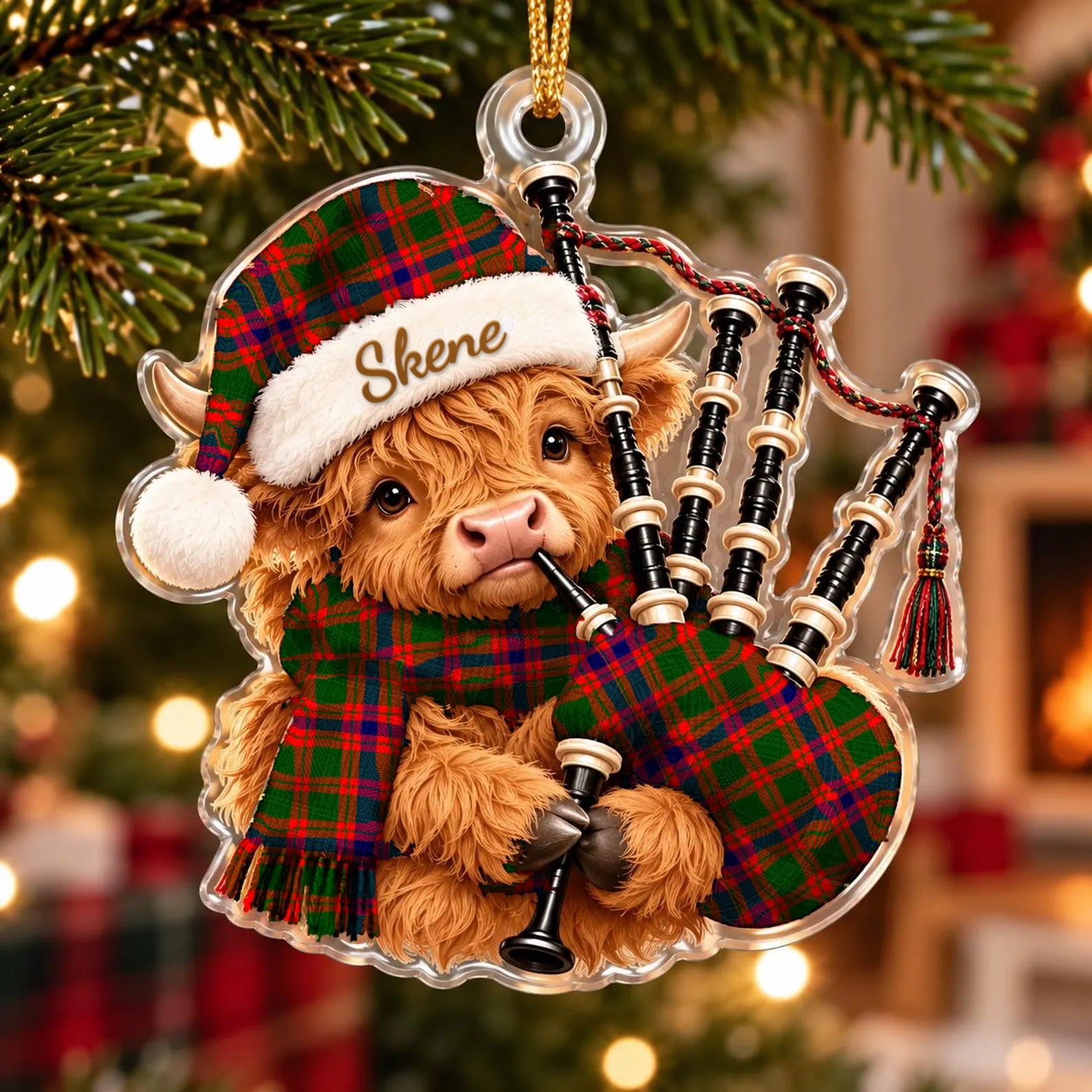 ScotsTee Shop Scottish Skene Modern Tartan Highland Cow Bagpiper Christmas Ornament
