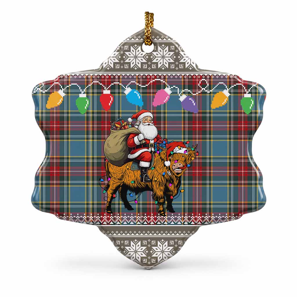 Beaton Nollaig Chridheil Santa Highland Coo Tartan Ceramic Snow Flake Ornament