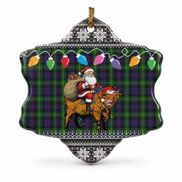 Farquharson Nollaig Chridheil Santa Highland Coo Tartan Ceramic Snow Flake Ornament