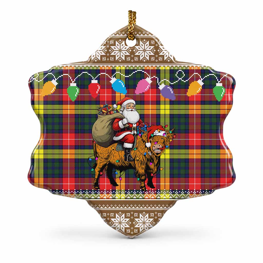 Dewar Nollaig Chridheil Santa Highland Coo Tartan Ceramic Snow Flake Ornament