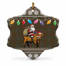 Gray Nollaig Chridheil Santa Highland Coo Tartan Ceramic Snow Flake Ornament