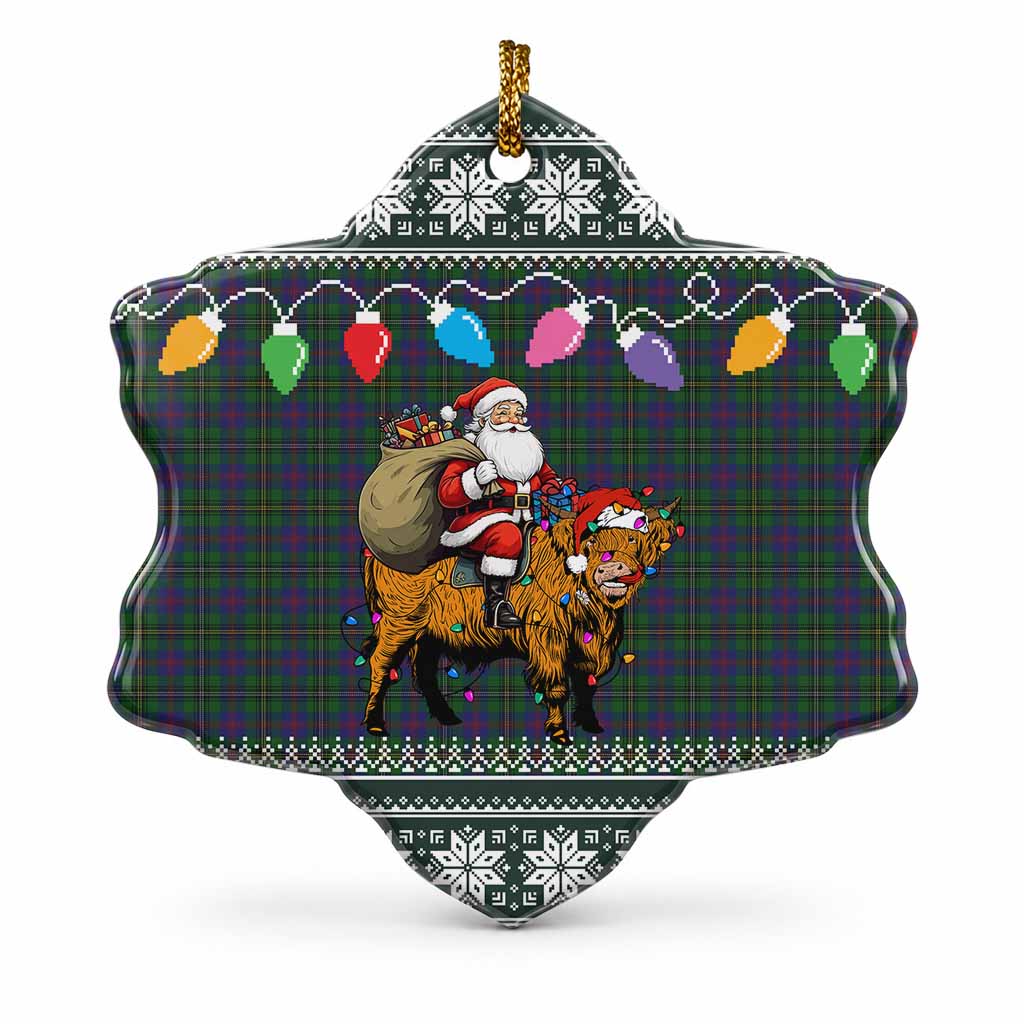 Wood Nollaig Chridheil Santa Highland Coo Tartan Ceramic Snow Flake Ornament