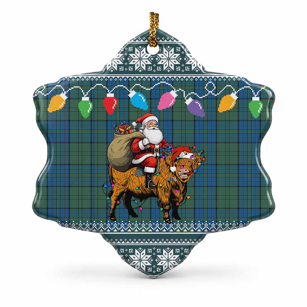 Lockhart Nollaig Chridheil Santa Highland Coo Tartan Ceramic Snow Flake Ornament