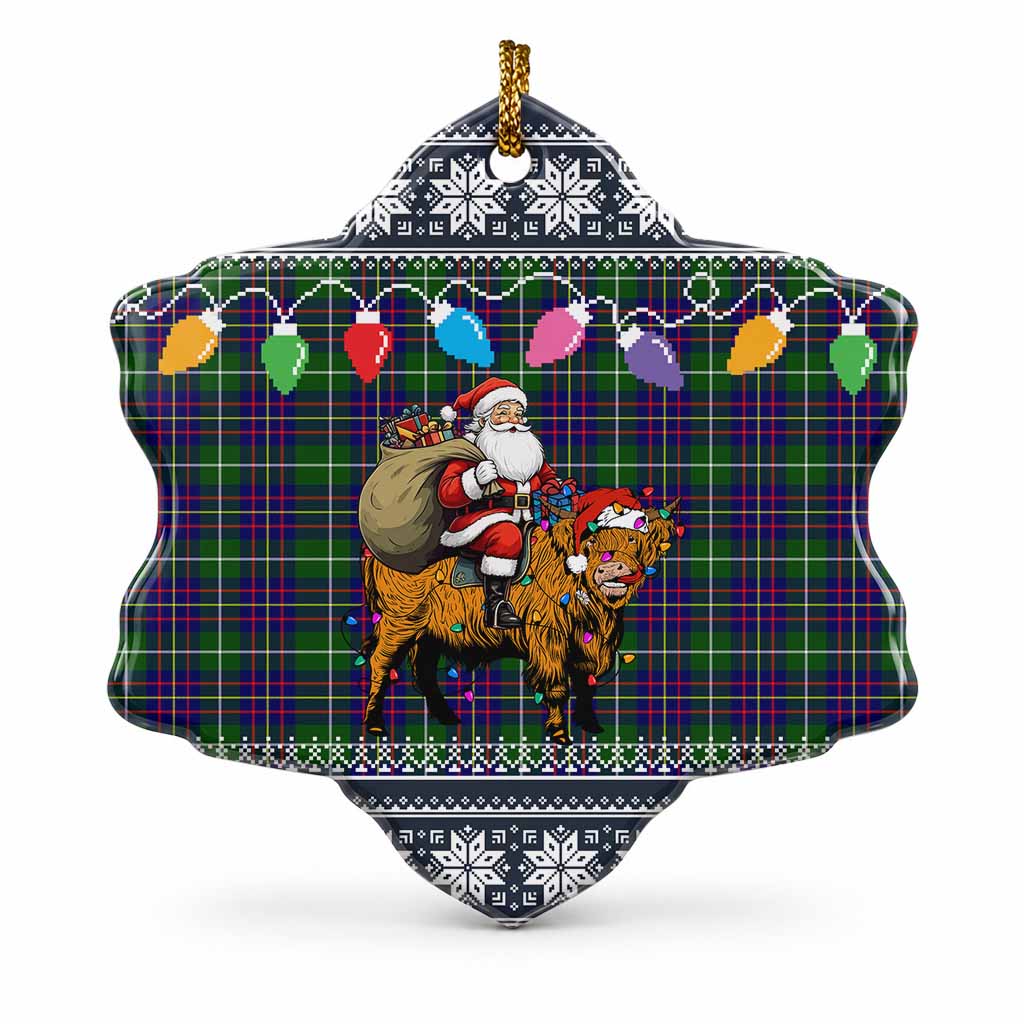 Inglis Nollaig Chridheil Santa Highland Coo Tartan Ceramic Snow Flake Ornament