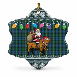 Lyon Nollaig Chridheil Santa Highland Coo Tartan Ceramic Snow Flake Ornament
