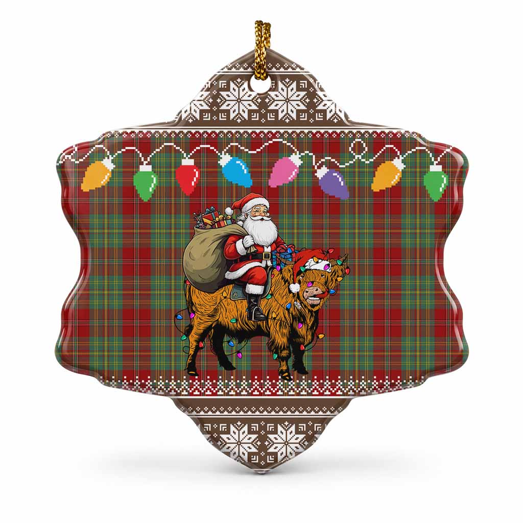 Leask Nollaig Chridheil Santa Highland Coo Tartan Ceramic Snow Flake Ornament