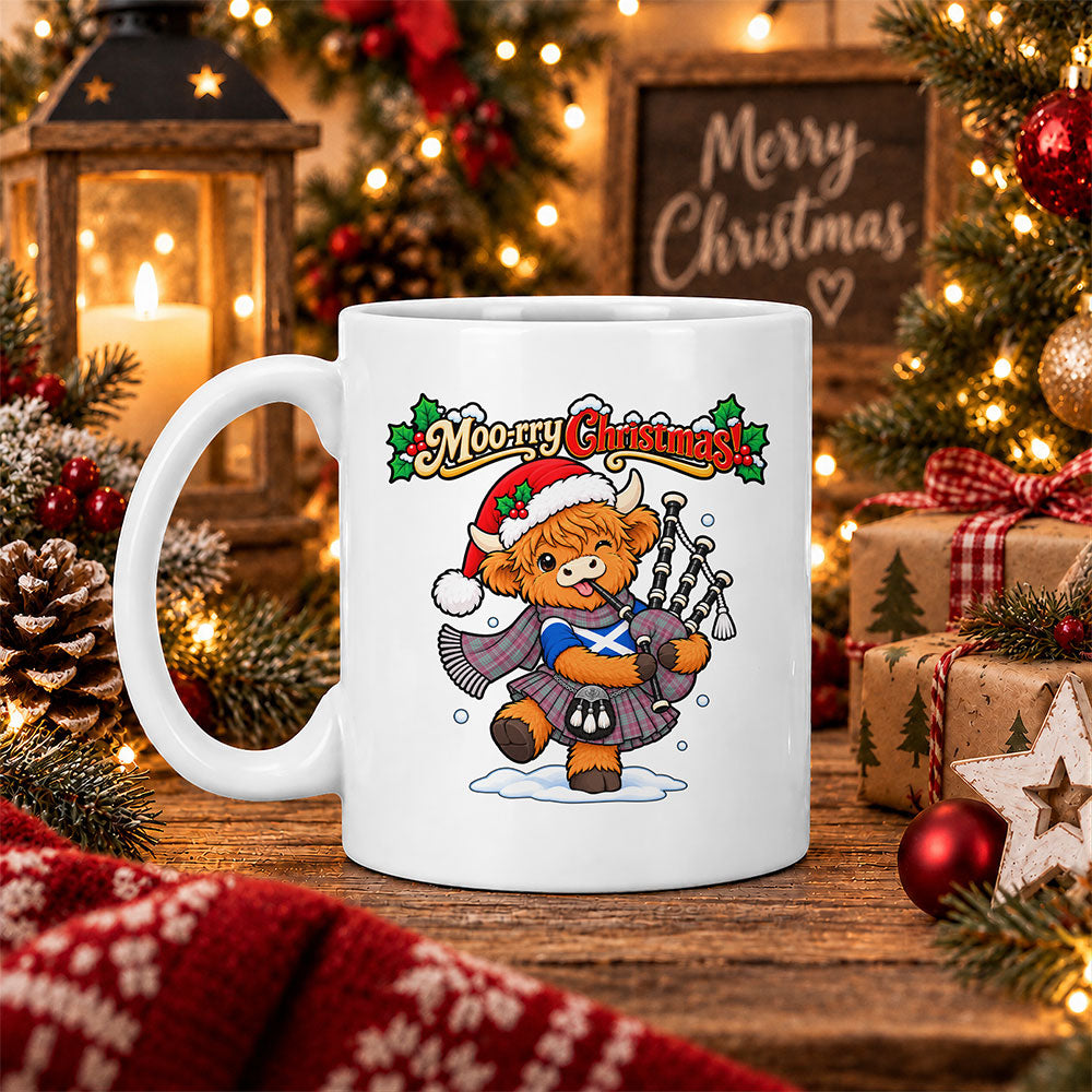 ScotsTee Shop Scottish Crawford Ancient Tartan Mug Moo Rry Christmas Highland Cow Bagpiper