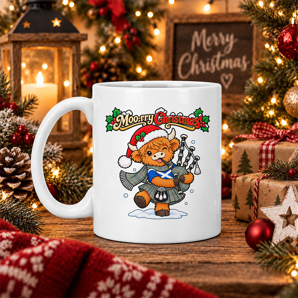 ScotsTee Shop Scottish Balfour Blue Tartan Mug Moo Rry Christmas Highland Cow Bagpiper