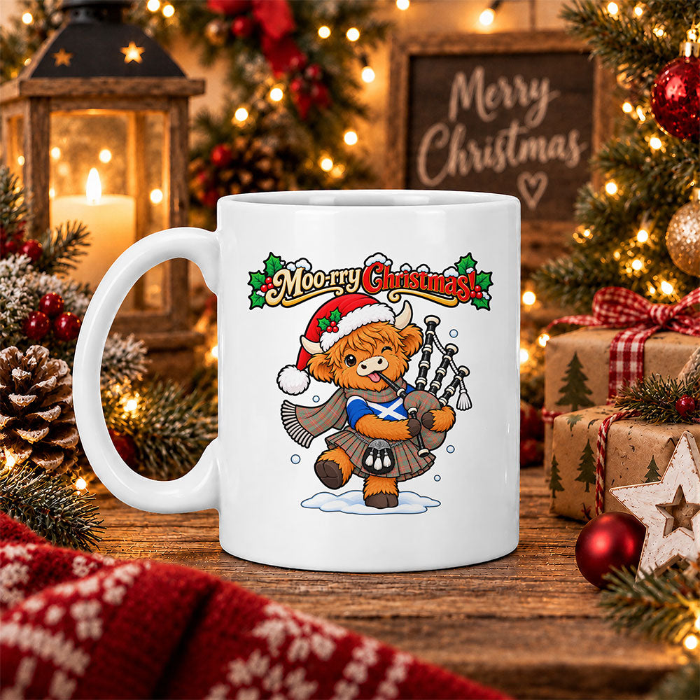 ScotsTee Shop Scottish Bruce Ancient Tartan Mug Moo Rry Christmas Highland Cow Bagpiper