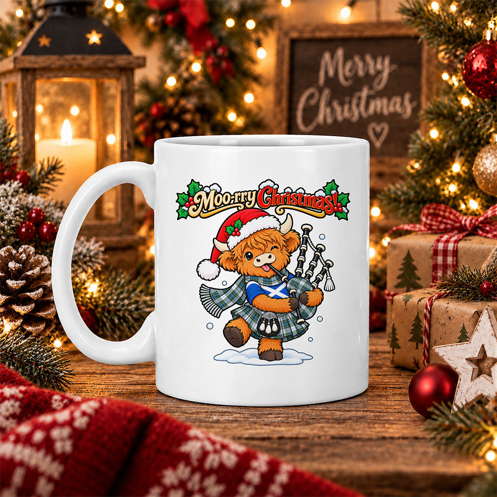 ScotsTee Shop Scottish Campbell Dress Tartan Mug Moo Rry Christmas Highland Cow Bagpiper