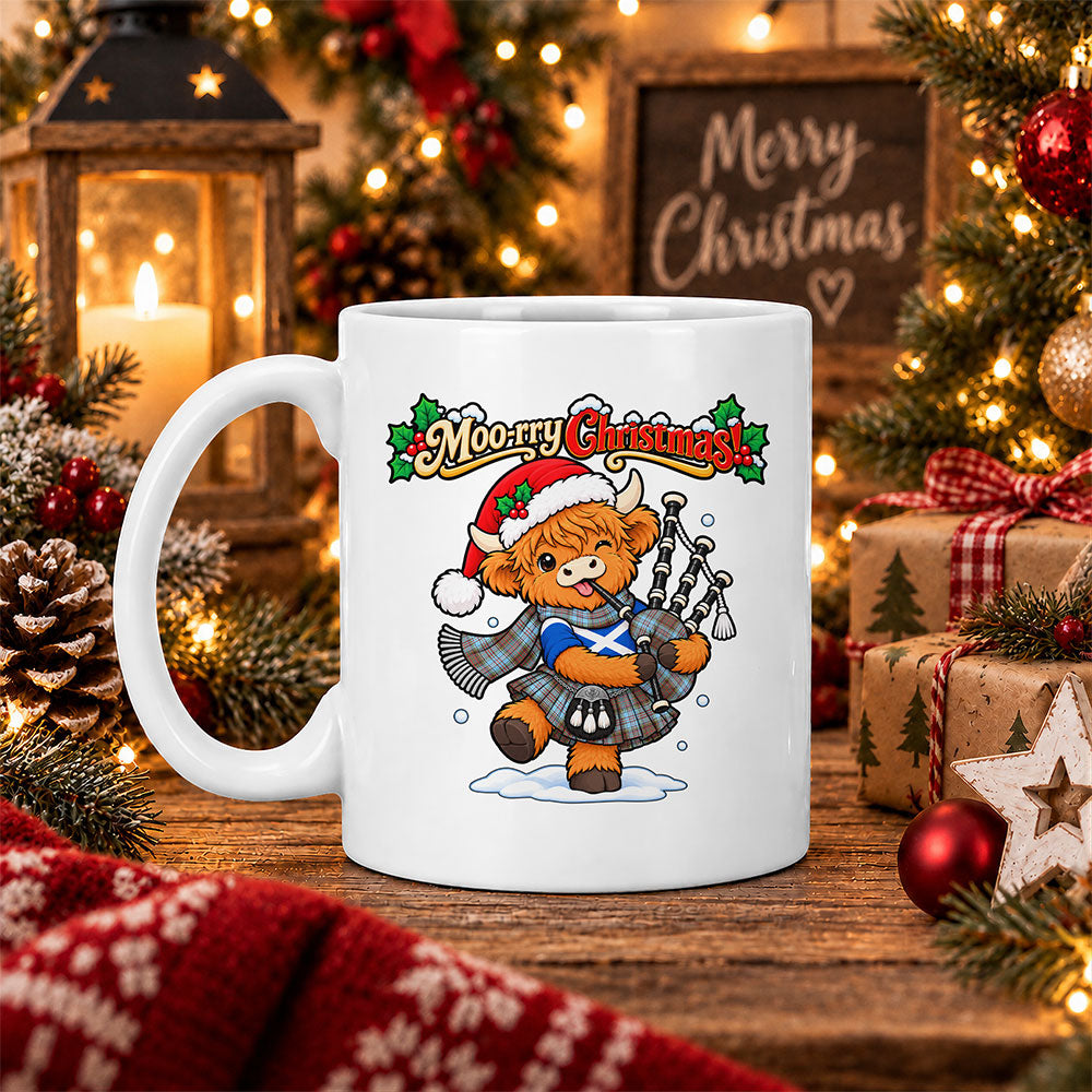 ScotsTee Shop Scottish Anderson Ancient Tartan Mug Moo Rry Christmas Highland Cow Bagpiper