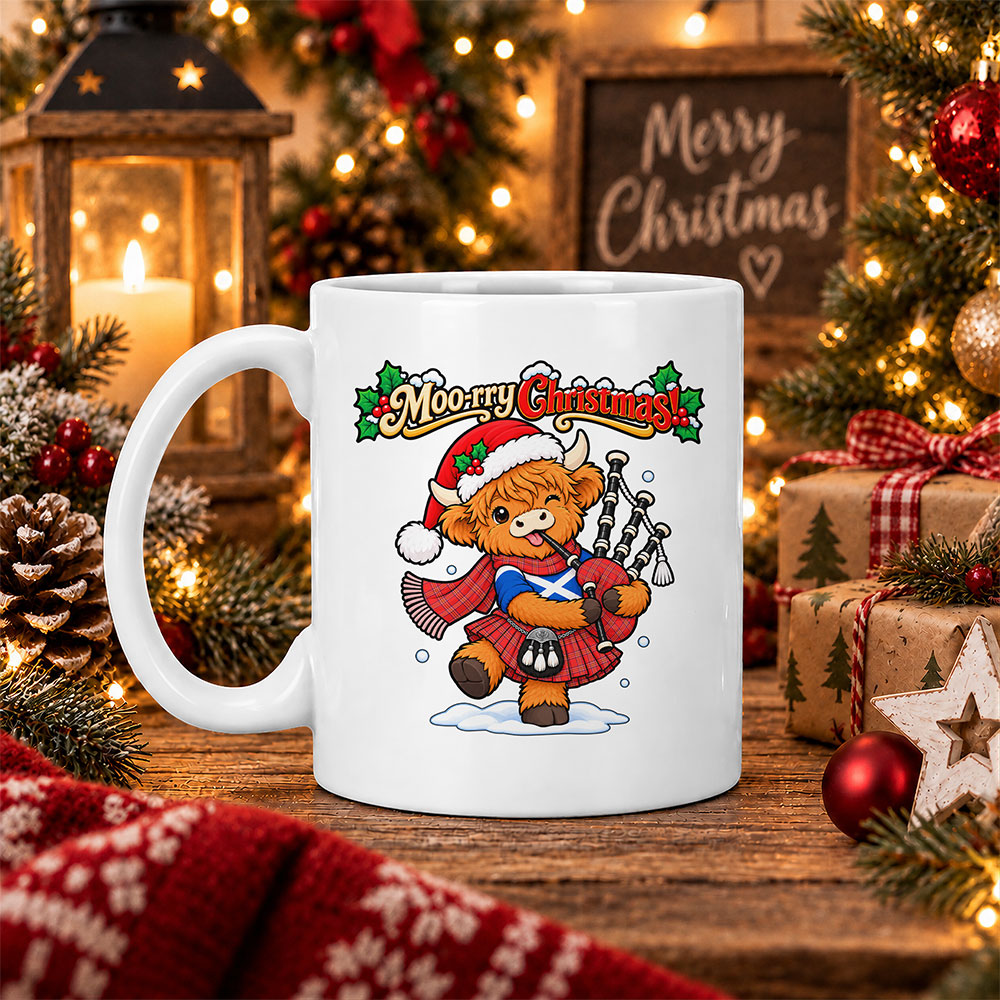 ScotsTee Shop Scottish Burnett Modern Tartan Mug Moo Rry Christmas Highland Cow Bagpiper