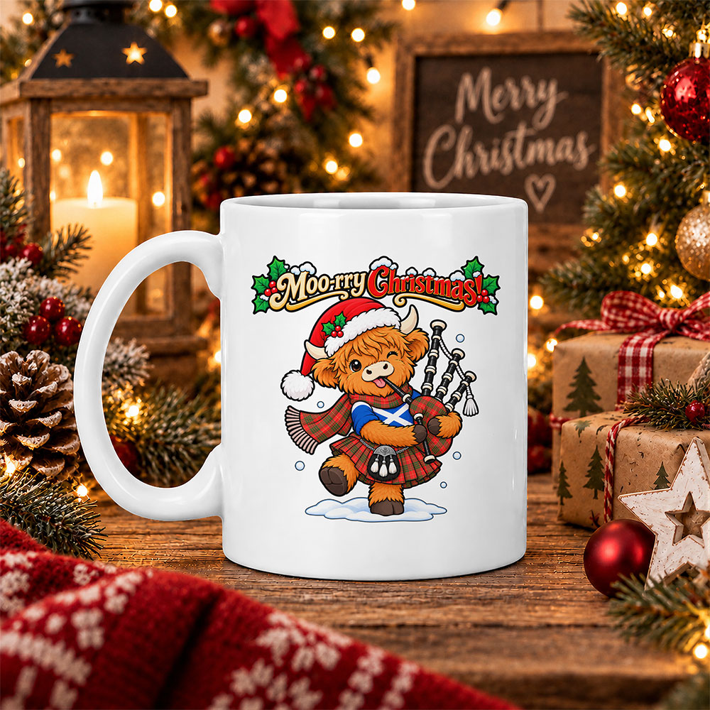 ScotsTee Shop Scottish Cameron Modern Tartan Mug Moo Rry Christmas Highland Cow Bagpiper