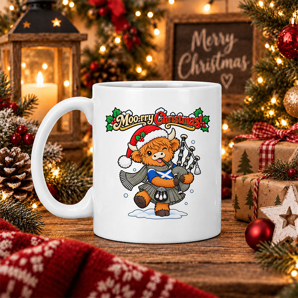 ScotsTee Shop Scottish Burns Check Tartan Mug Moo Rry Christmas Highland Cow Bagpiper