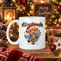 ScotsTee Shop Scottish Hannay Modern Tartan Mug Moo Rry Christmas Highland Cow Bagpiper