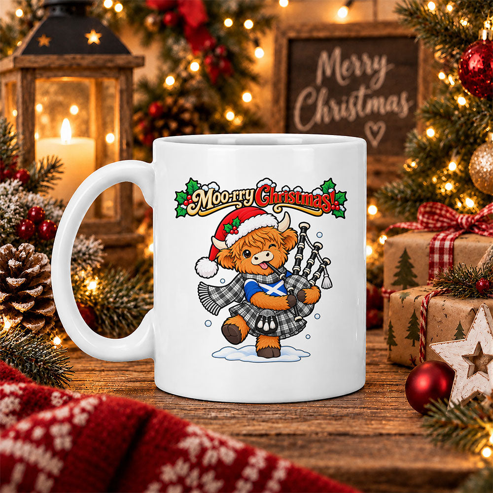 ScotsTee Shop Scottish Macfarlane Black White Ancient Tartan Mug Moo Rry Christmas Highland Cow Bagpiper