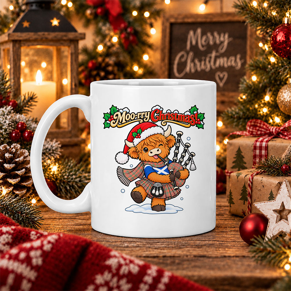 ScotsTee Shop Scottish Munro Ancient Tartan Mug Moo Rry Christmas Highland Cow Bagpiper