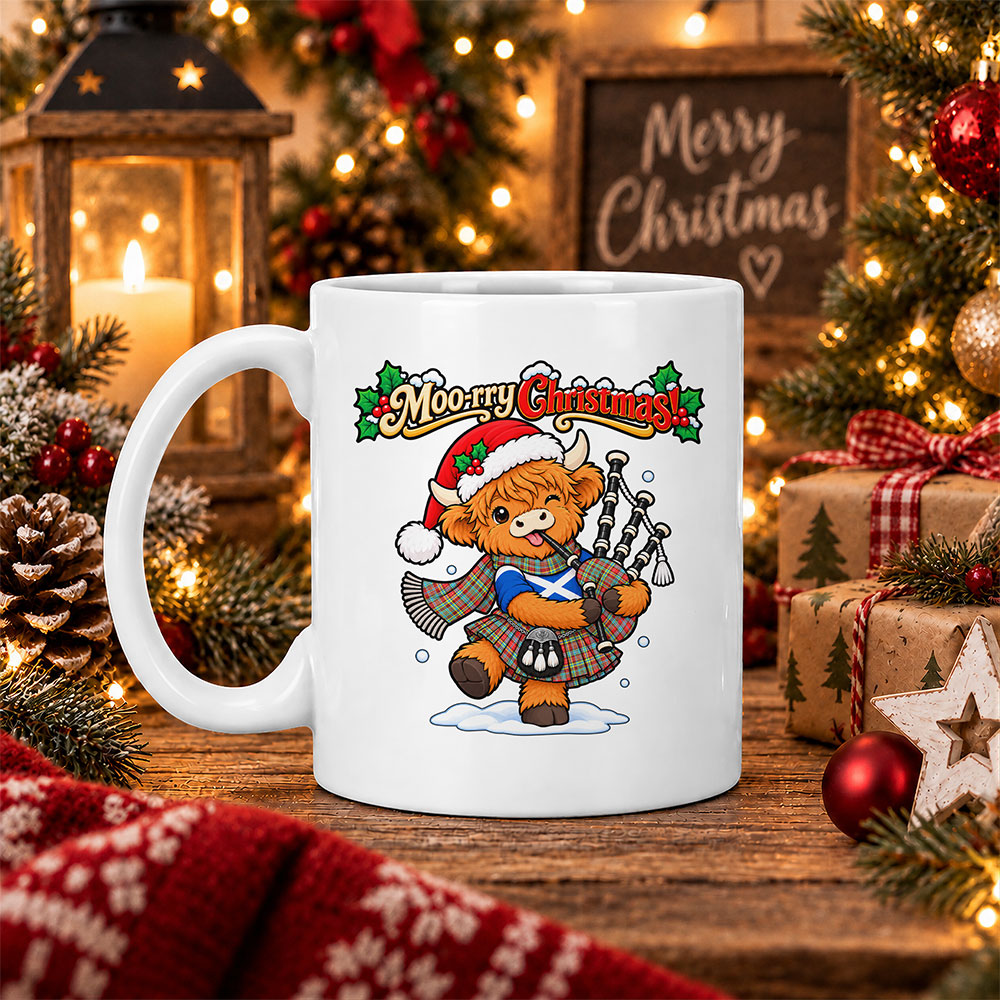 ScotsTee Shop Scottish Ogilvie Tartan Mug Moo Rry Christmas Highland Cow Bagpiper