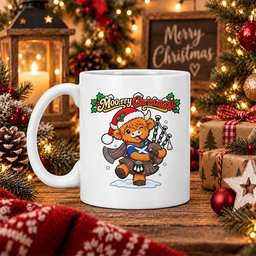 ScotsTee Shop Scottish Macpherson Weathered Tartan Mug Moo Rry Christmas Highland Cow Bagpiper