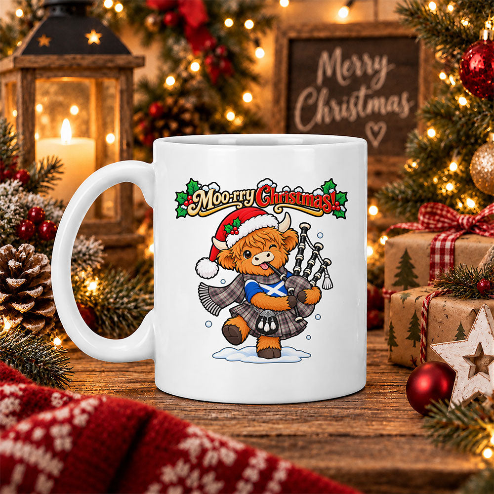 ScotsTee Shop Scottish Macpherson Hunting Ancient Tartan Mug Moo Rry Christmas Highland Cow Bagpiper