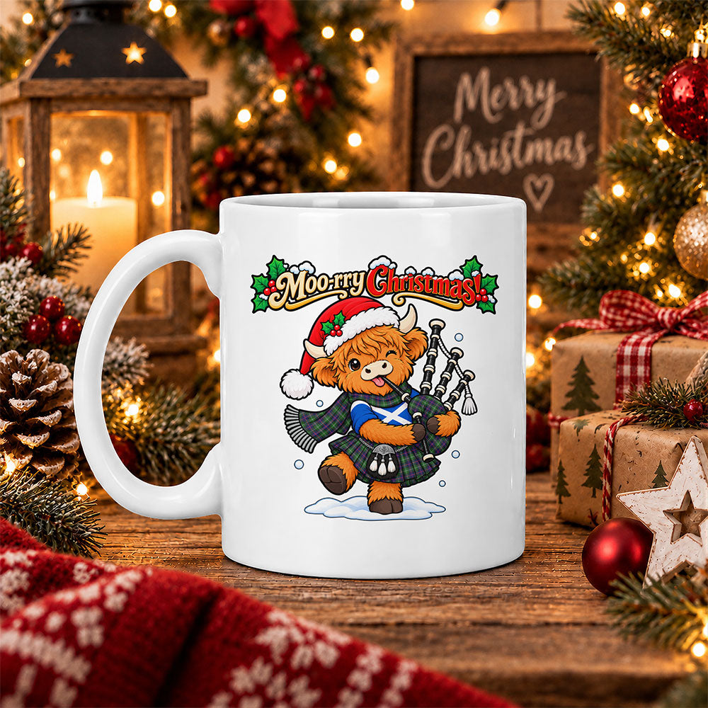 ScotsTee Shop Scottish Sutherland Modern Tartan Mug Moo Rry Christmas Highland Cow Bagpiper