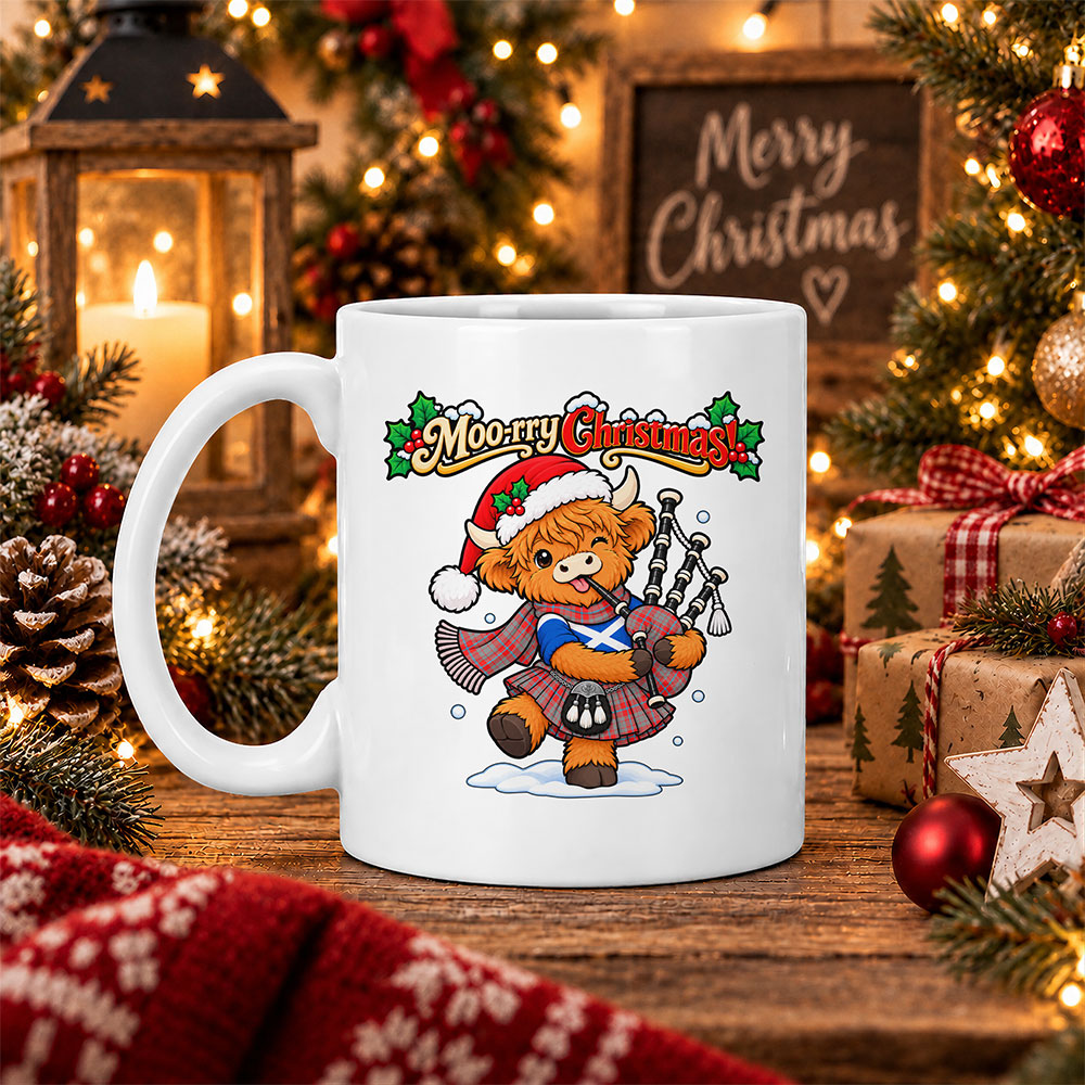 ScotsTee Shop Scottish Moubray Tartan Mug Moo Rry Christmas Highland Cow Bagpiper