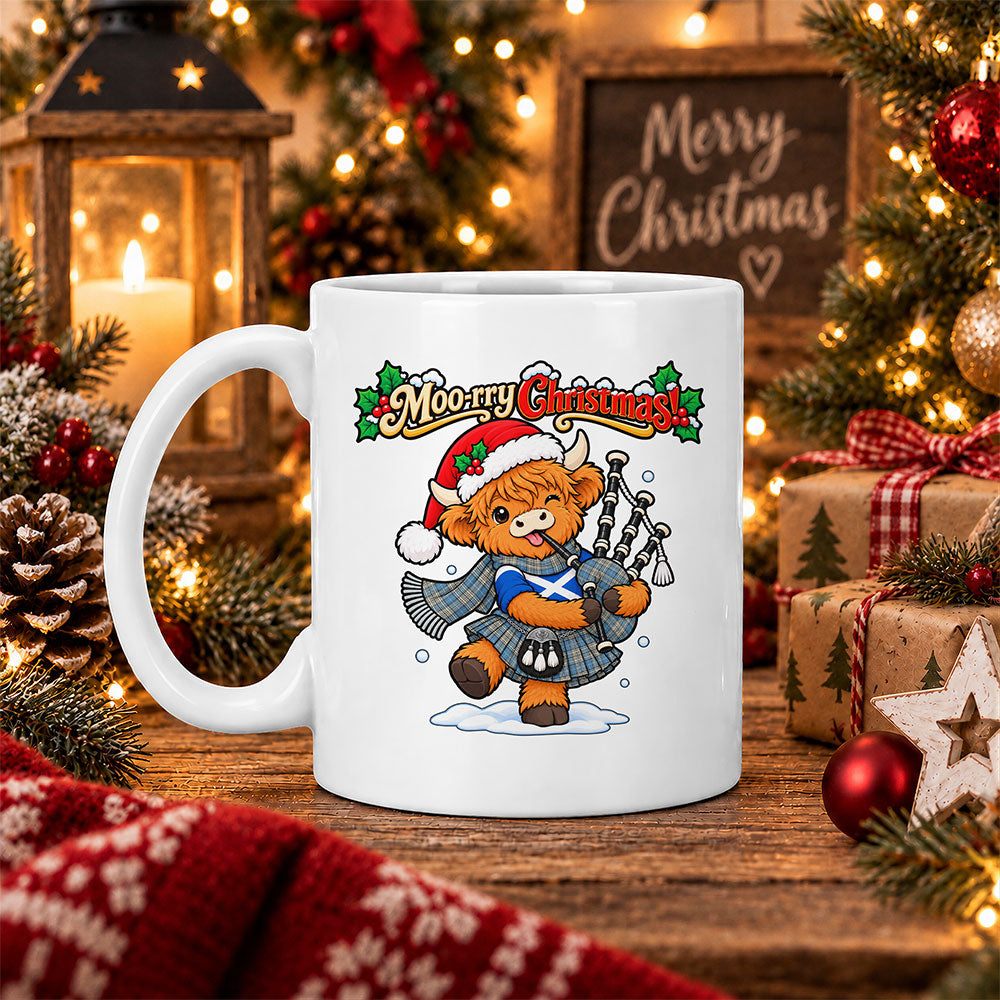 ScotsTee Shop Scottish Napier Ancient Tartan Mug Moo Rry Christmas Highland Cow Bagpiper