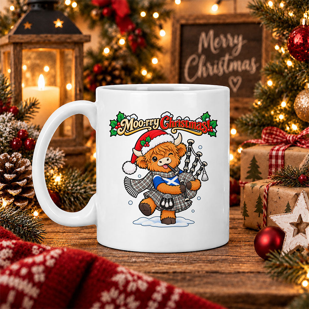 ScotsTee Shop Scottish Stewart Dress Ancient Tartan Mug Moo Rry Christmas Highland Cow Bagpiper