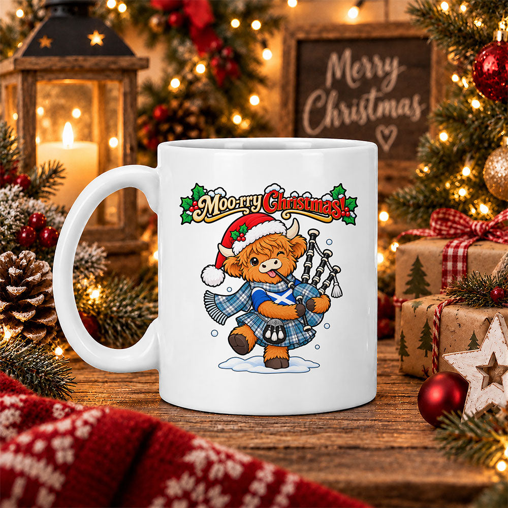 ScotsTee Shop Scottish Roberton Tartan Mug Moo Rry Christmas Highland Cow Bagpiper