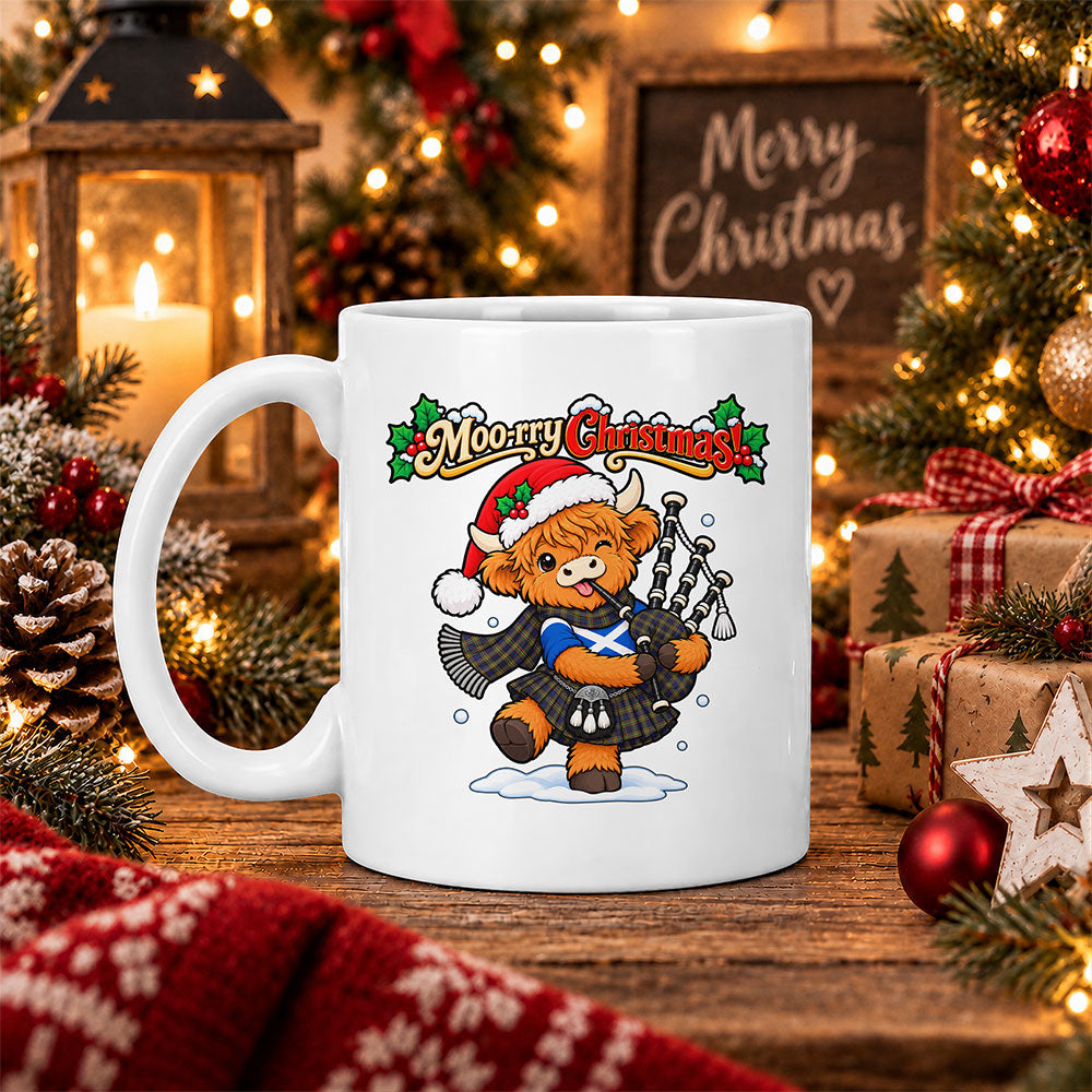 ScotsTee Shop Scottish Maclellan Modern Tartan Mug Moo Rry Christmas Highland Cow Bagpiper