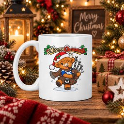 ScotsTee Shop Scottish Moncrieffe Tartan Mug Moo Rry Christmas Highland Cow Bagpiper