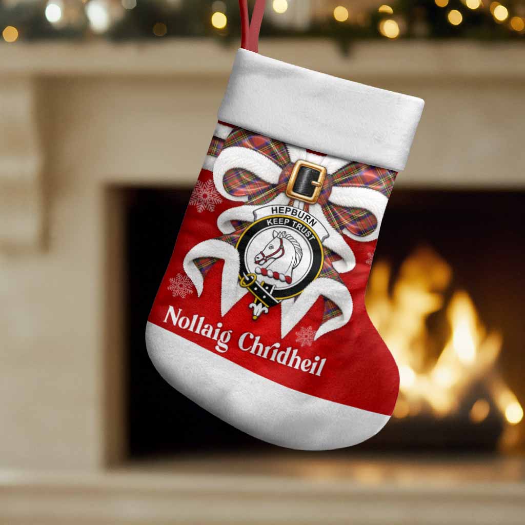 Hepburn Tartan Crest Christmas Bow Christmas Stocking Scottish Nollaig Chridheil
