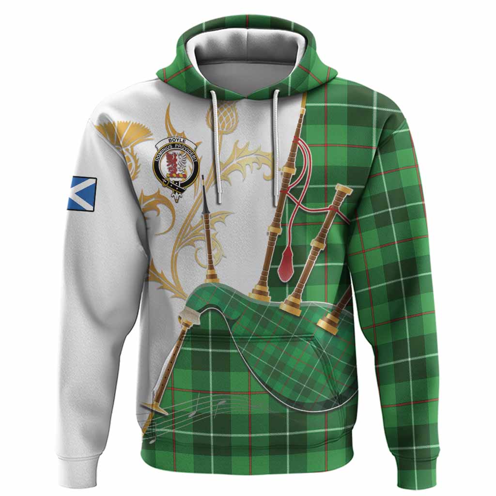 Boyle Tartan Family Crest Hoodie Bagpipes with Scottish Thistle