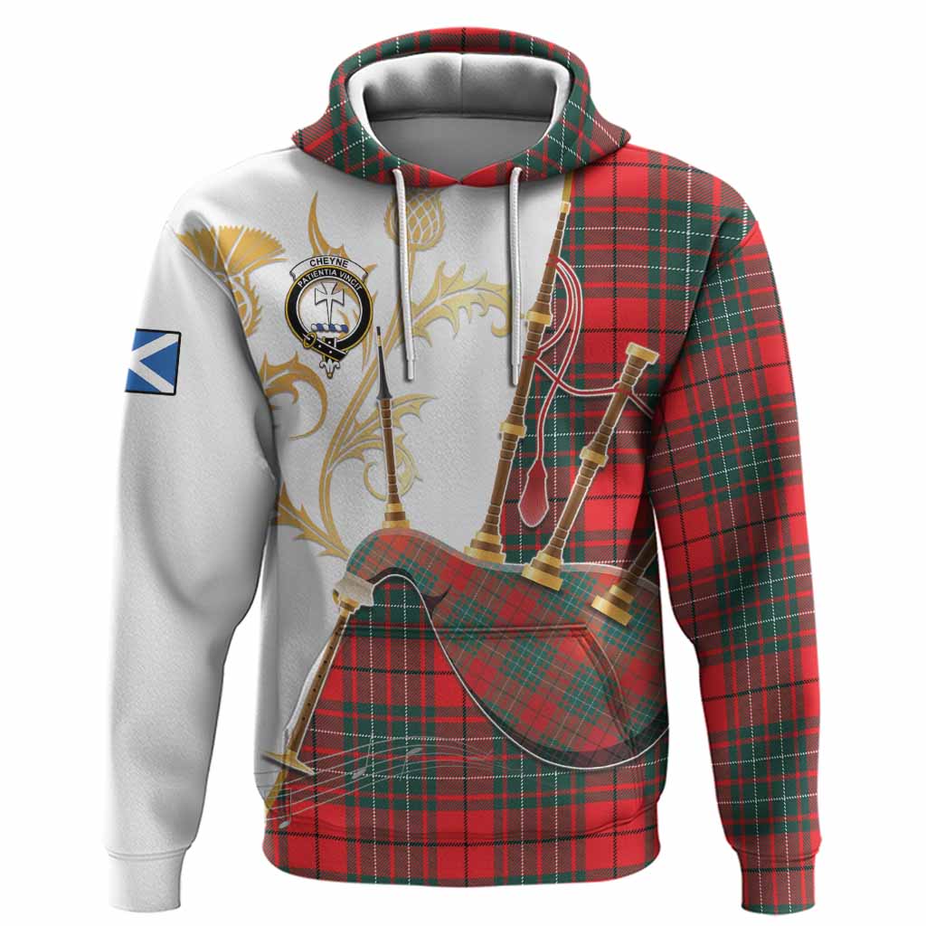 Cheyne Tartan Family Crest Hoodie Bagpipes with Scottish Thistle