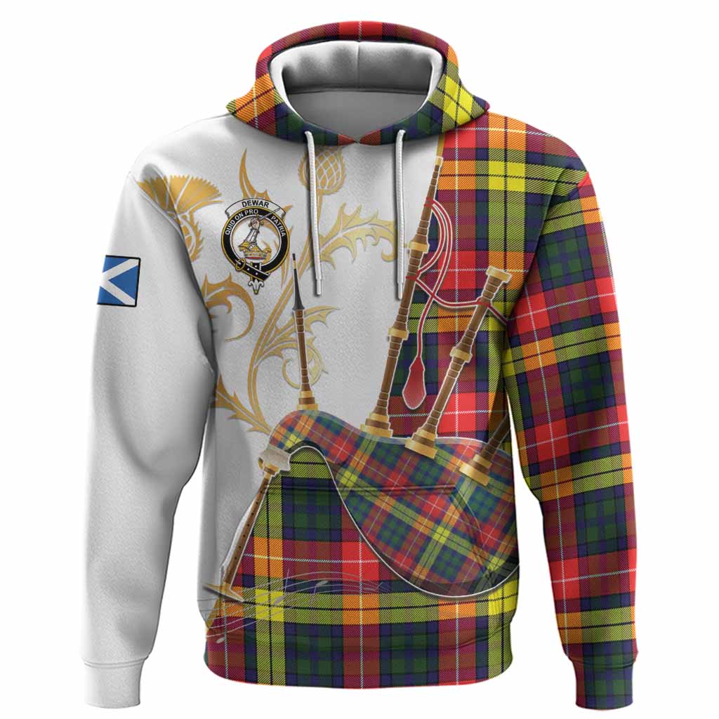 Dewar Tartan Family Crest Hoodie Bagpipes with Scottish Thistle