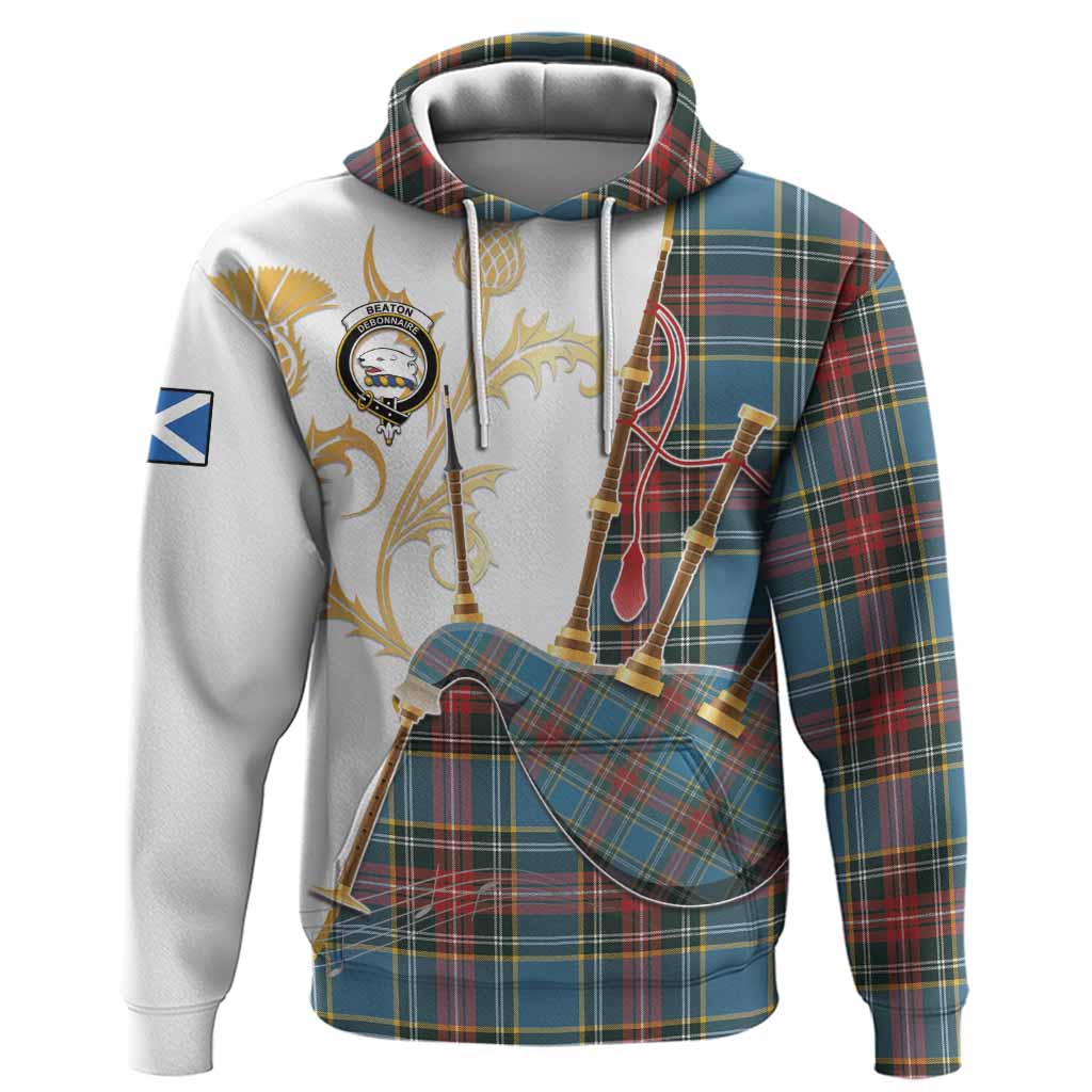 Beaton Tartan Family Crest Hoodie Bagpipes with Scottish Thistle