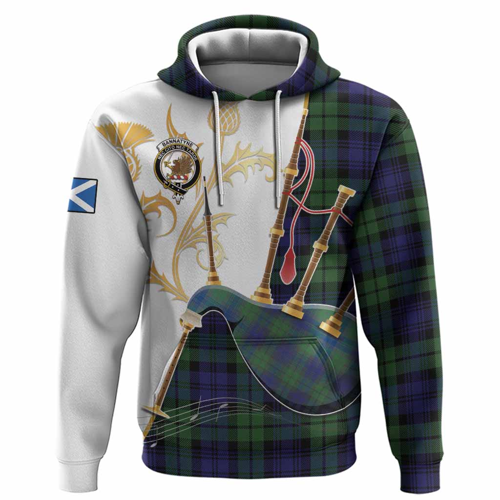 Bannatyne Tartan Family Crest Hoodie Bagpipes with Scottish Thistle