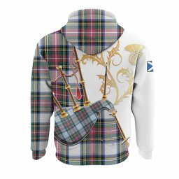 Dennistoun Tartan Family Crest Hoodie Bagpipes with Scottish Thistle