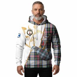 Dennistoun Tartan Family Crest Hoodie Bagpipes with Scottish Thistle