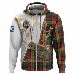 Buchanan Tartan Family Crest Hoodie Bagpipes with Scottish Thistle