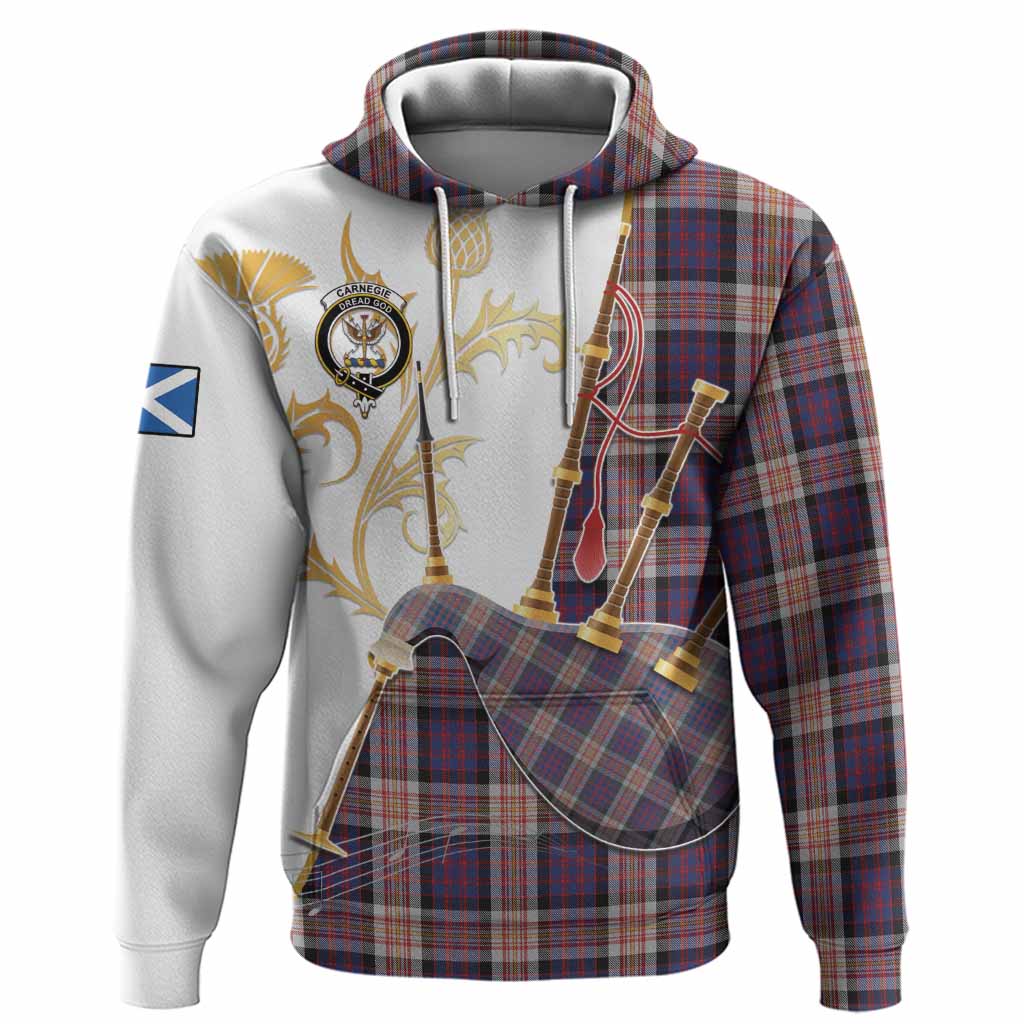 Carnegie Tartan Family Crest Hoodie Bagpipes with Scottish Thistle