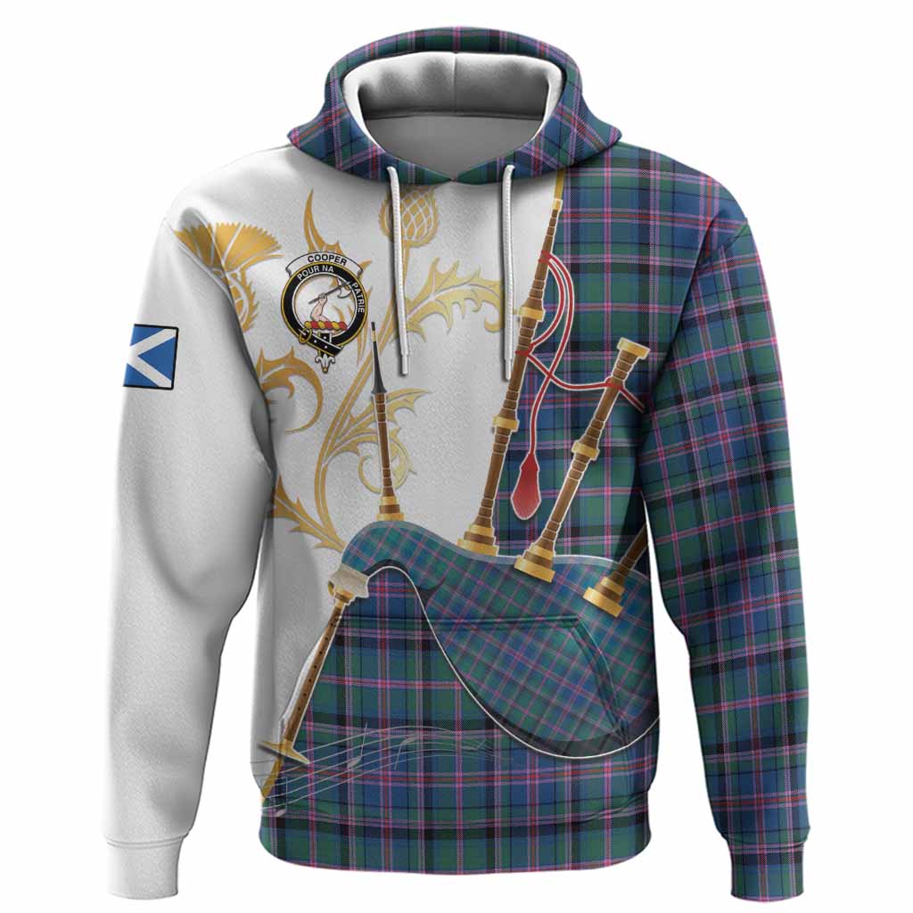 Cooper Tartan Family Crest Hoodie Bagpipes with Scottish Thistle