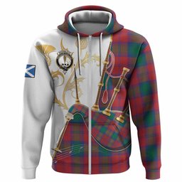 Auchinleck (Affleck) Tartan Family Crest Hoodie Bagpipes with Scottish Thistle