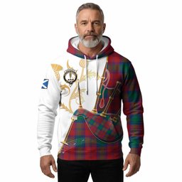 Auchinleck (Affleck) Tartan Family Crest Hoodie Bagpipes with Scottish Thistle